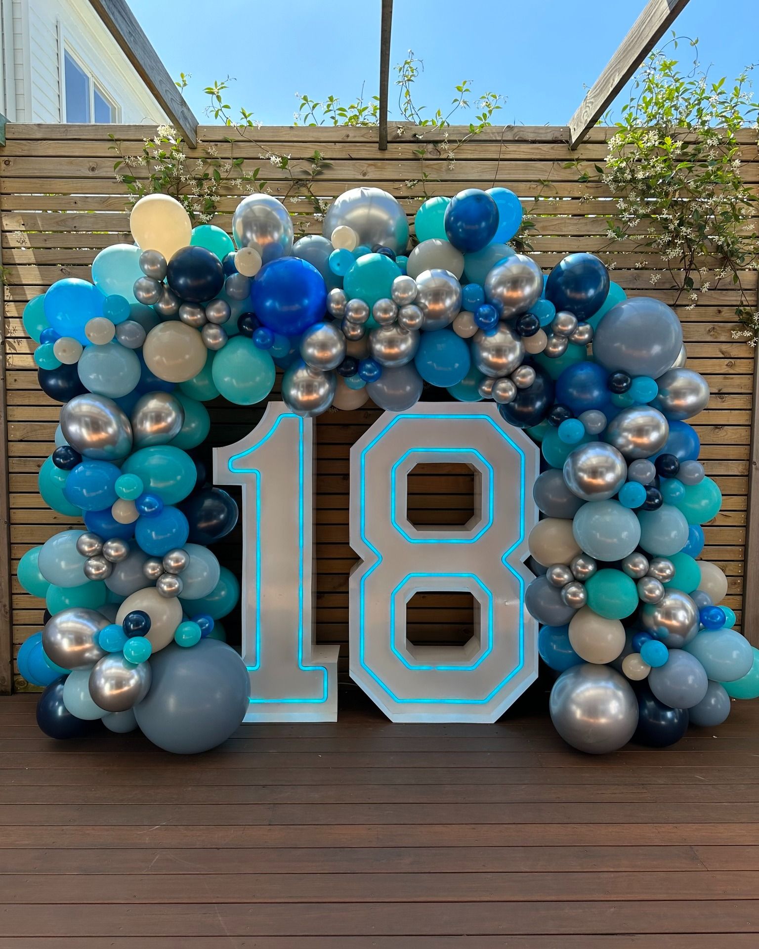 Neon 18 and Balloon Garland Backdrop
