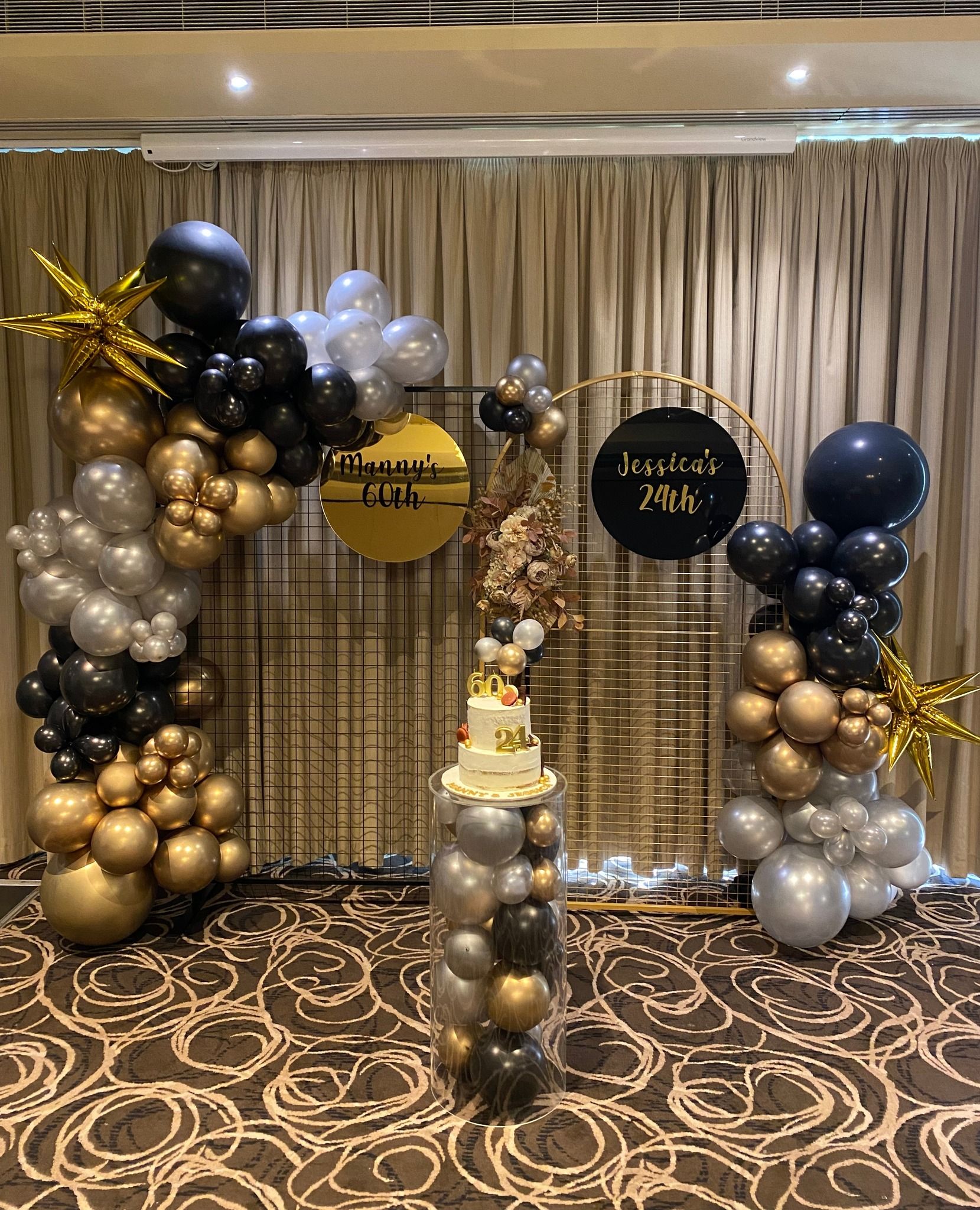 Combined Birthday Backdrop, Balloon Garland, Plinth
