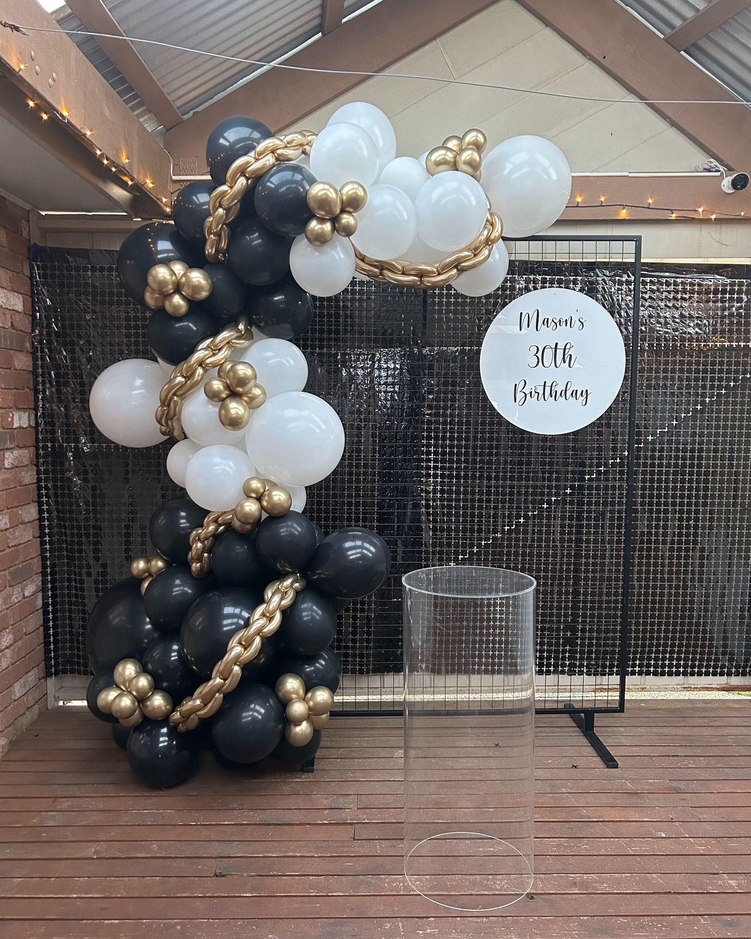 Black Square Mesh Backdrop, Balloon Garland, Plinth, Personalised Sign, 30th Birthday