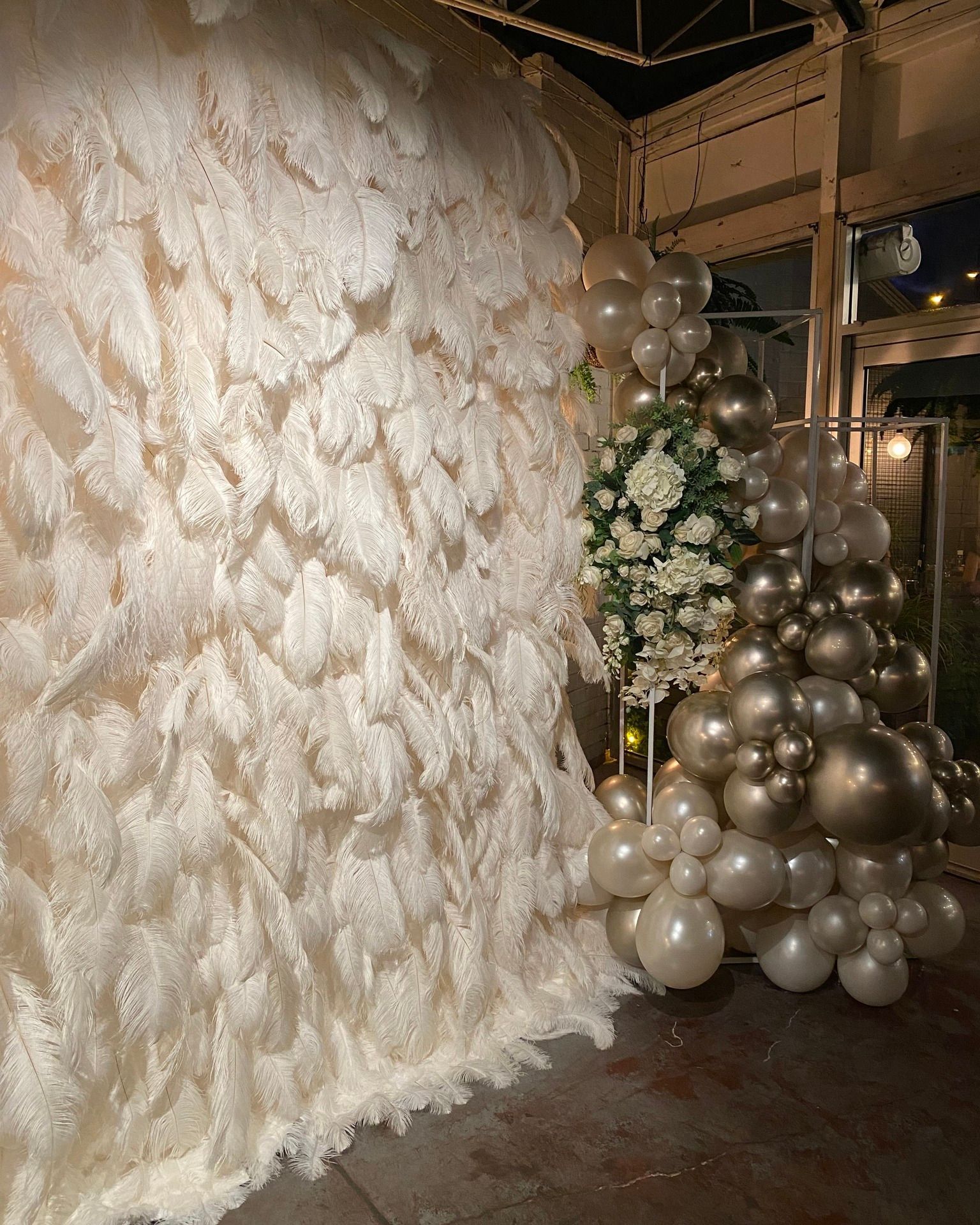 Feather Wall Backdrop, Engagement Backdrop, Engagement Balloons and Flowers