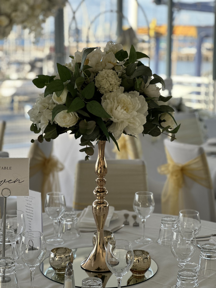 Silk Flower Topper on Gold Candlestick Centrepiece Photo - 1